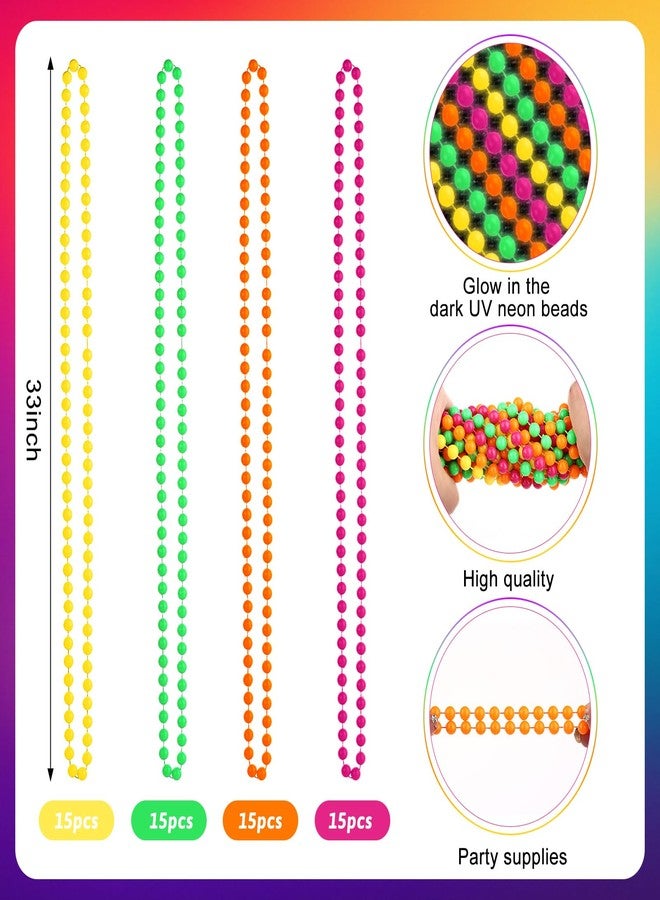Draupnir 60 PCS Mardi Gras Beads Neon, Glow in the Dark Bead Necklaces, 80s Colorful Party Favor Supplies, Neon Night Accessories for Christmas Carnival Concert Wedding Birthday Decorations - Image 2